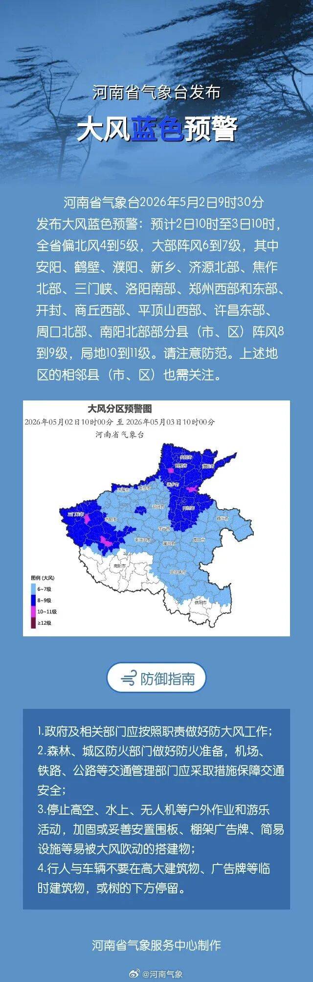 局地10到11级！河南发布大风蓝色预警